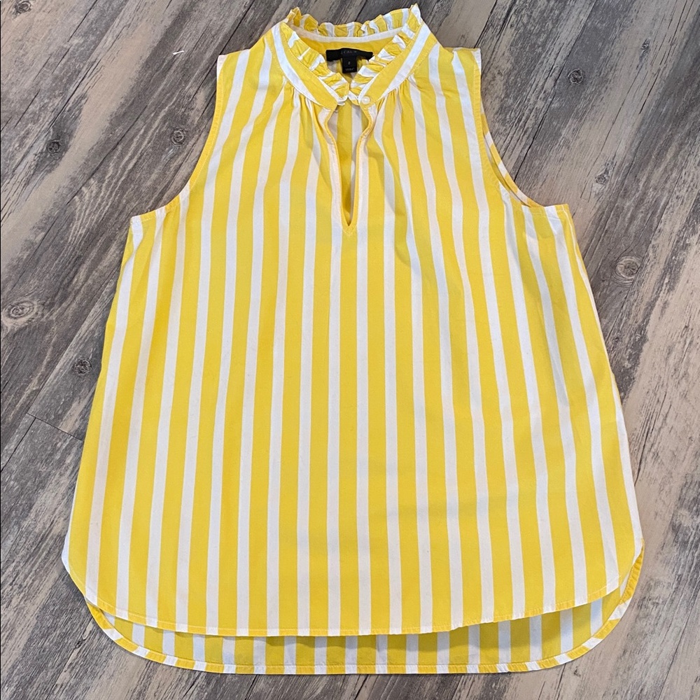 J Crew Cotton Ruffle Neck Cotton Lemon Stripe Vest Tank Size 2